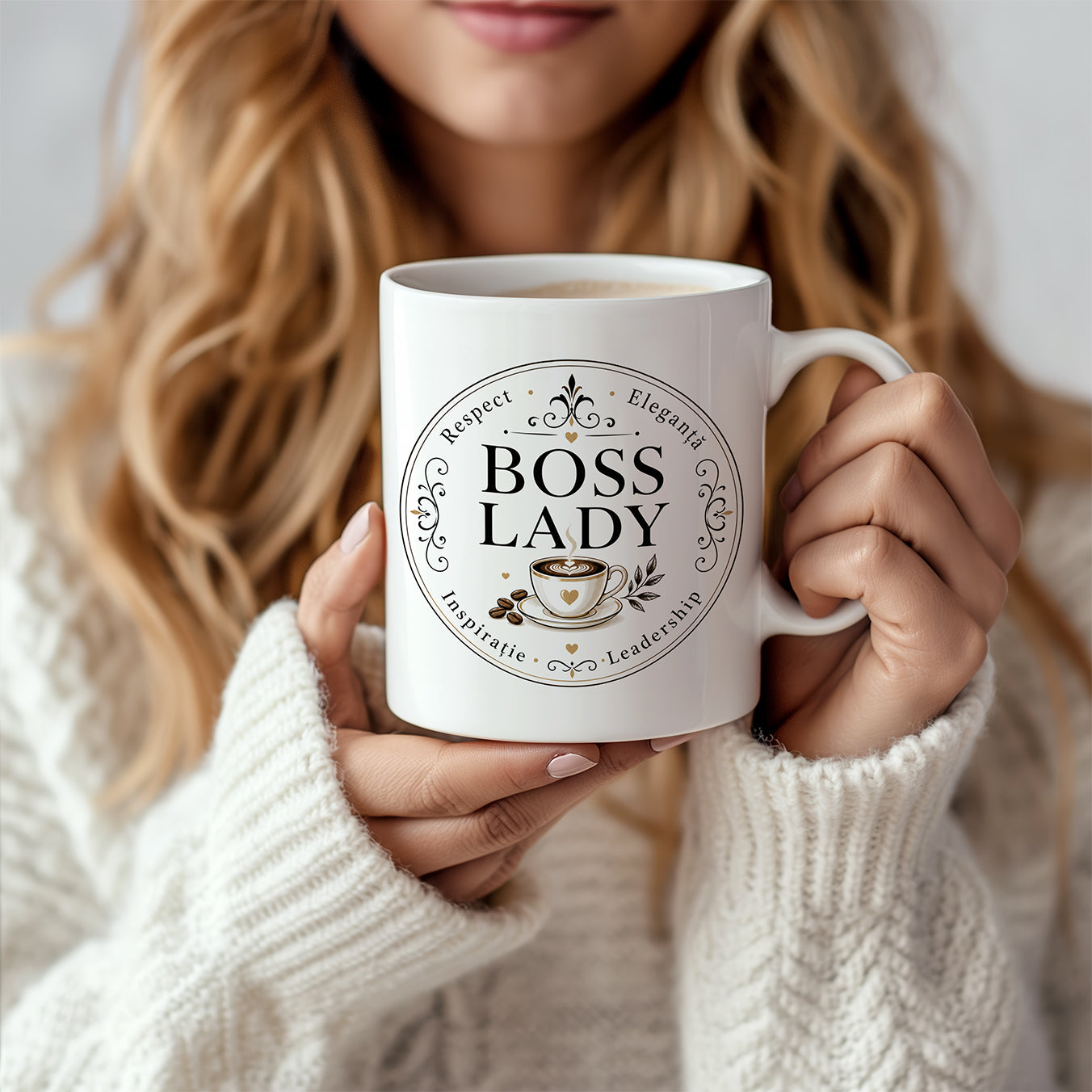 Set cadou Boss Lady complet - cutie vin lemn si cana ceramica personalizata alaturi