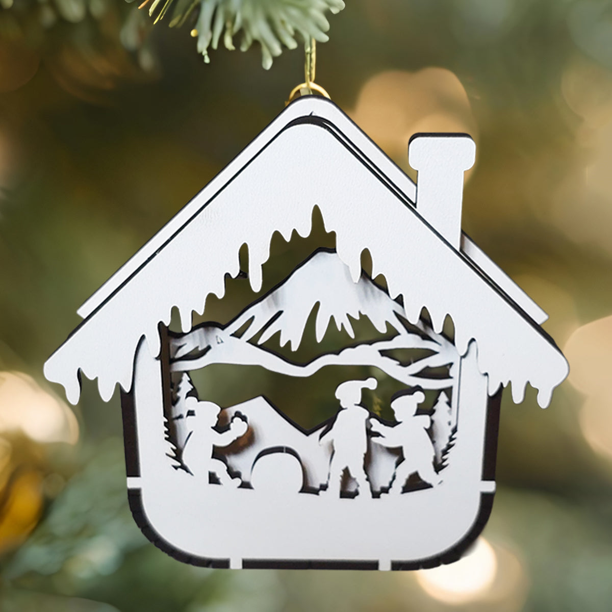 Set 4 Ornamente Brad Craciun 3D din Lemn, JOYSTOS, Casute Decorative 100x100x16 mm, Placaj 3 mm, Globuri Craciun pentru Brad