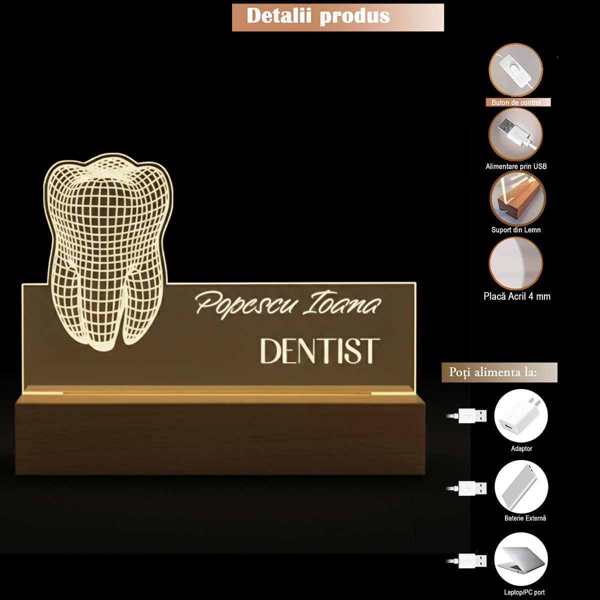 Lampa LED Joystos, Design Stomatologie/Dinte, Baza din Lemn, Acril, Cadou Personalizat pentru Medic Dentist, Alimentare USB, Lumina Calda