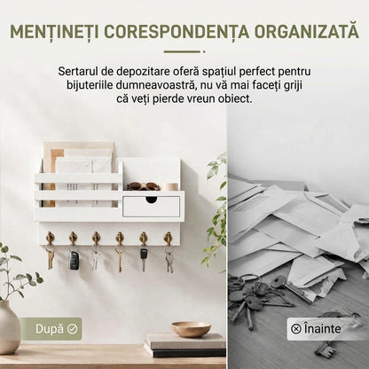 Organizator de Perete 4-în-1 pentru Hol cu Cuier Chei, Suport Corespondență și Sertar Alb
