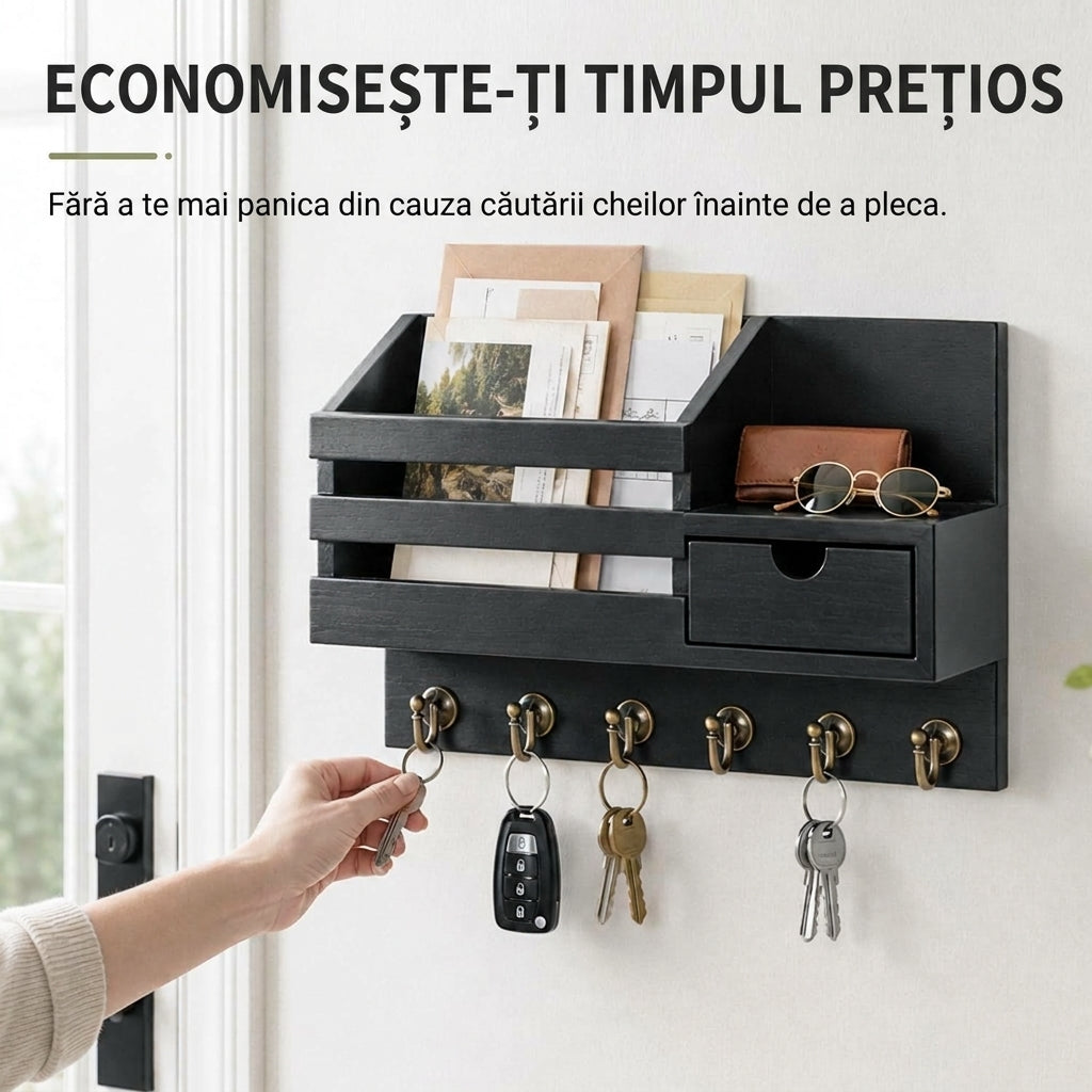 Organizator negru pentru intrare cu raft, sertar și cârlige pentru chei