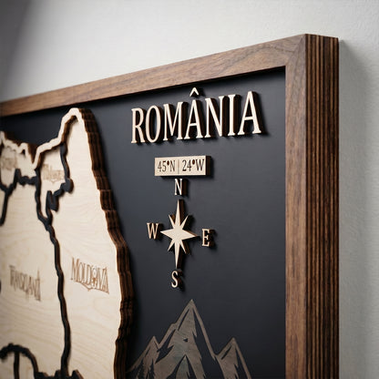 Tablou Decorativ Harta Romaniei, Din Lemn Stratificat Multistrat, Taiat pe Laser si Asamblat Manual, Design Premium cu Regiuni Istorice