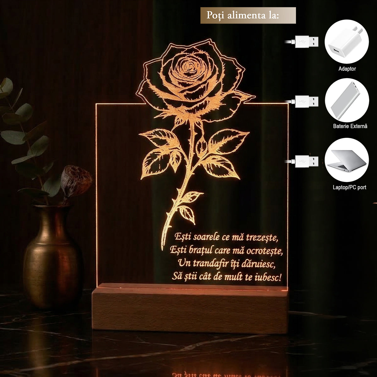 Detaliu gravura laser pe acril de 4mm lampa JOYSTOS cu text cu rima si baza din lemn natural