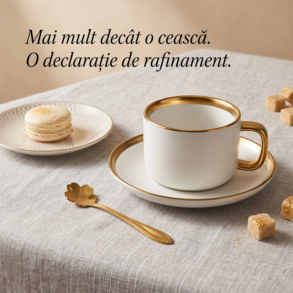 Set 4 cești din ceramică albe cu detalii aurii, farfurioare și lingurițe florale