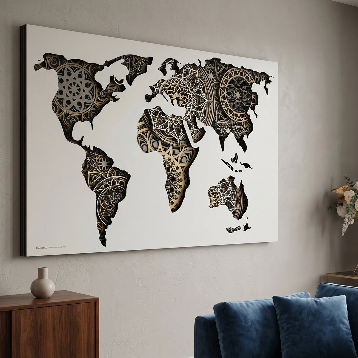 Tablou 3D Harta Lumii din Lemn (8 Straturi) JOYSTOS – Mandala, 60x90 cm
