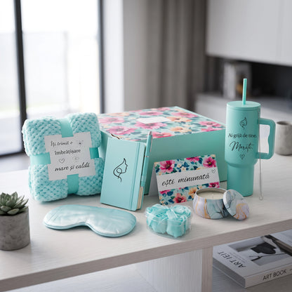 Set cadou premium pentru femei cu termos personalizat, pătură și agendă