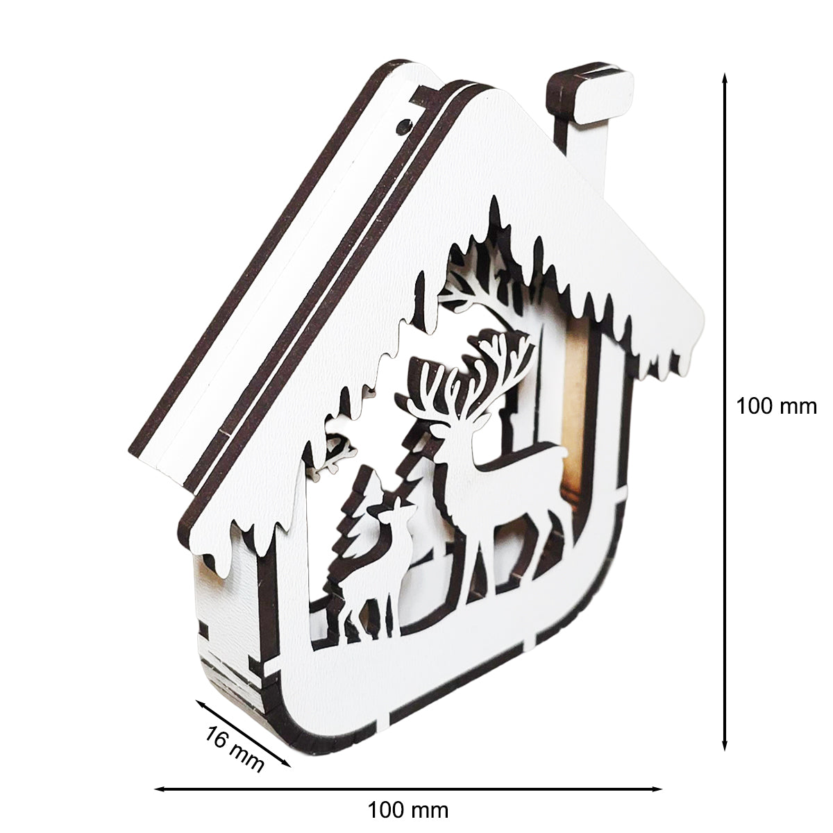 Set 4 Ornamente Brad Craciun 3D din Lemn, JOYSTOS, Casute Decorative 100x100x16 mm, Placaj 3 mm, Globuri Craciun pentru Brad