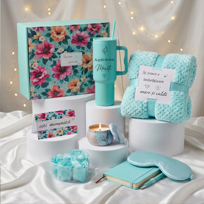 Set cadou premium pentru femei cu termos personalizat, pătură și agendă