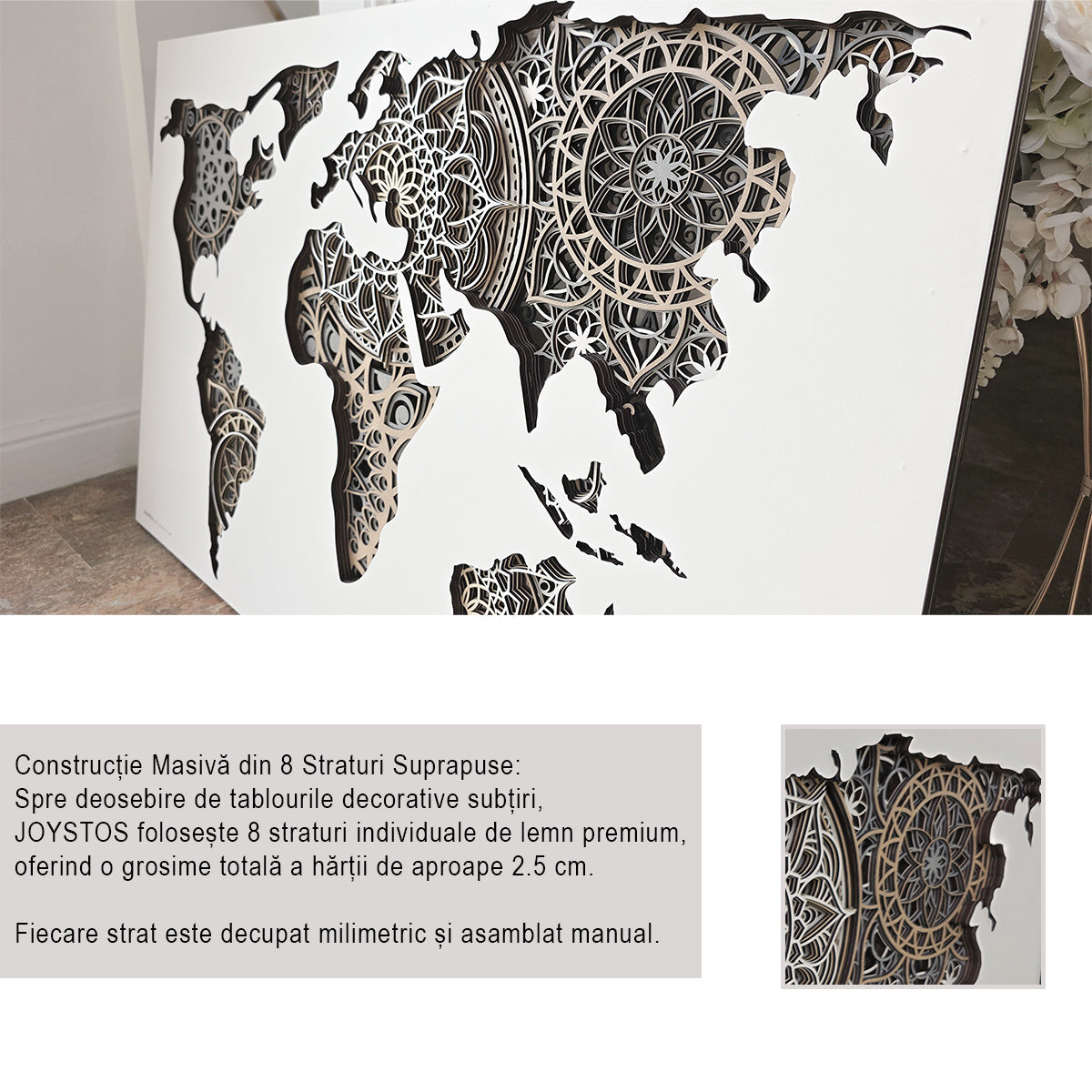 Tablou 3D Harta Lumii din Lemn (8 Straturi) JOYSTOS – Mandala, 60x90 cm
