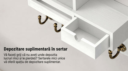 Organizator de Perete 4-în-1 pentru Hol cu Cuier Chei, Suport Corespondență și Sertar Alb