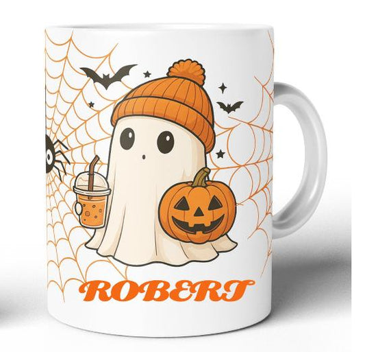 Cana Ceramica Alba Halloween 330ml Joystos – Fantoma Dragalasa cu Dovleac si Bautura, Design de Toamna