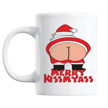 Cană amuzantă Merry Kissmyass ținută în mâini, idee de cadou Secret Santa