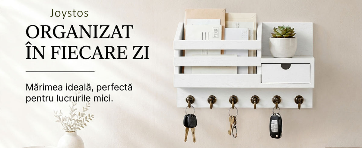 Organizator de Perete 4-în-1 pentru Hol cu Cuier Chei, Suport Corespondență și Sertar Alb