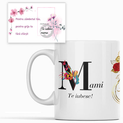 Cadou Mama, Cana Ceramica Cu Mesajul ”Mami Te Iubesc”, Alba, 330 ml, si Card Razuibil 70x100mm