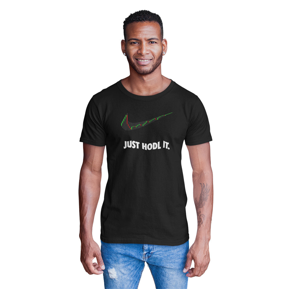 Tricou Joystos, Negru, Bumbac 100%, 150 g/mp, Unisex, Cu mesaj "JUST HODL IT." si grafica Crypto