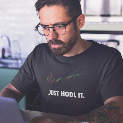 Tricou Joystos, Negru, Bumbac 100%, 150 g/mp, Unisex, Cu mesaj "JUST HODL IT." si grafica Crypto