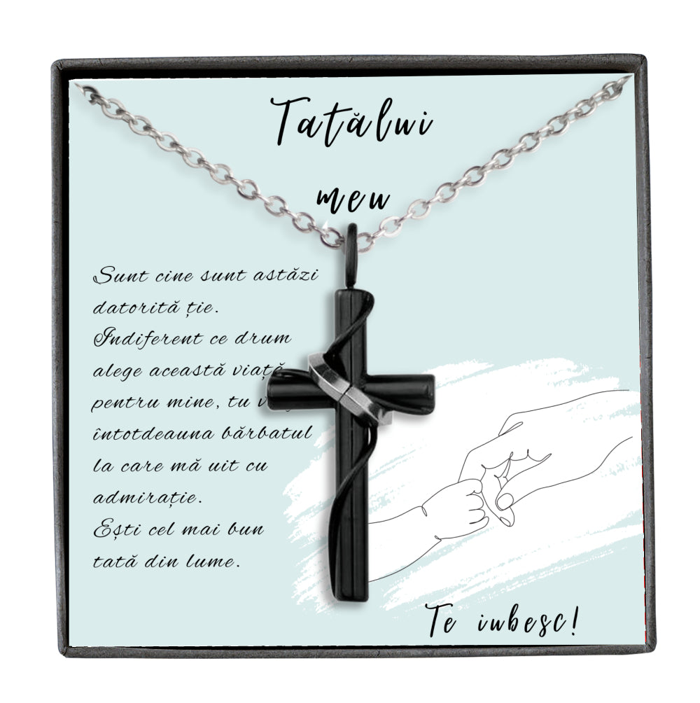 Cadou Pentru Tata: Colier Cu Cruce Pentru Barbati, Si Card Foto Cu Mesaj Pentru Tatal Tau: "Tatalui Meu. Sunt Cine Sunt Datorita Tie"