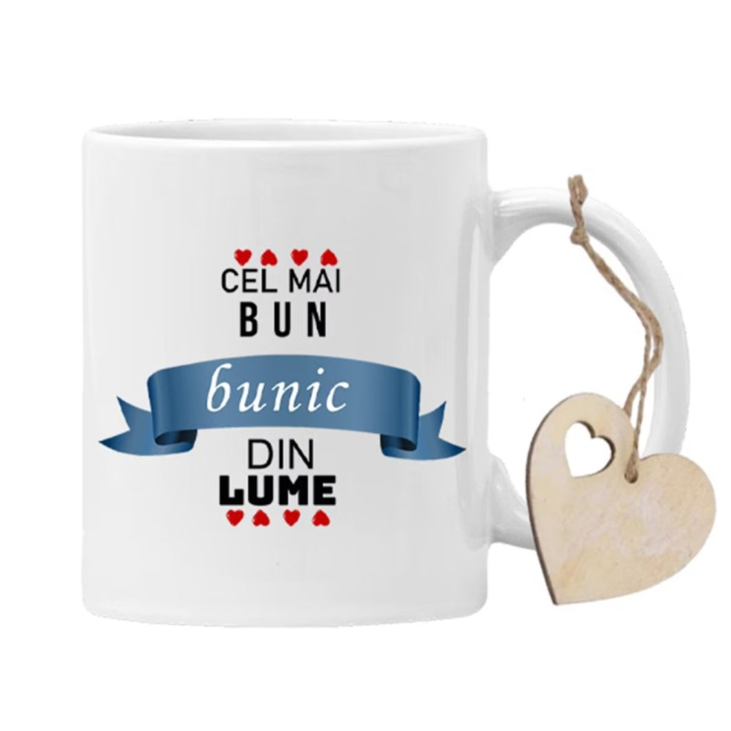 Cadou pentru bunici: Set de 2 cani albe personalizate cu mesajul "Cel mai bun bunic din lume" și "Cea mai bună bunică din lume"