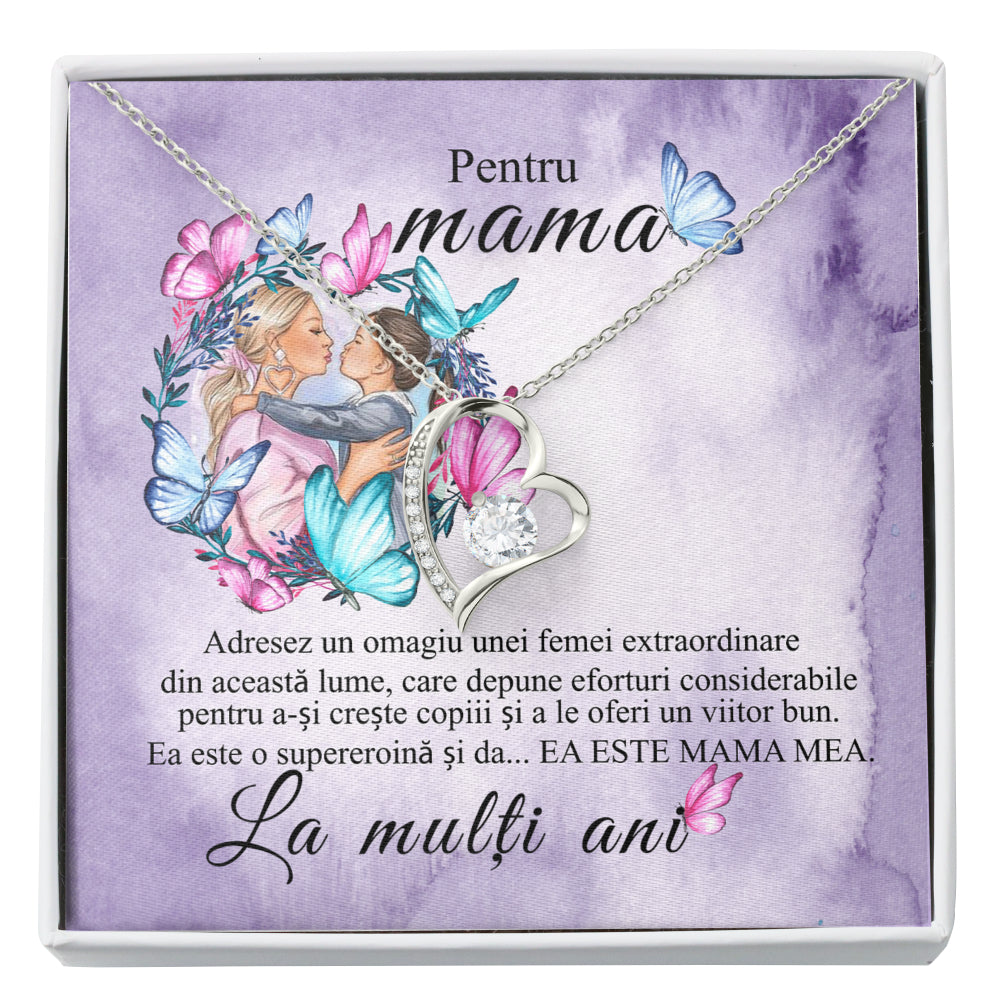 Cadou Pentru Mama - Colier Inima Curbata, Placat Cu Aur Alb 14K, Si Card Cu Mesaj Pentru Mama "Pentru Mama. Un Omagiu"