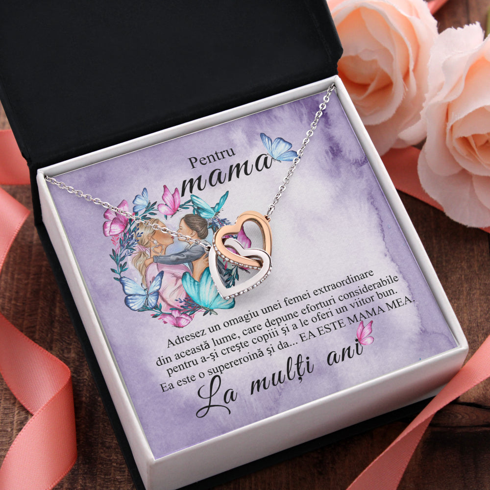 Cadou Pentru Mama - Colier Inimi Interconectate, Placat Cu Aur Alb 14K, Si Card Cu Mesaj Pentru Mama "Pentru Mama. Un Omagiu"