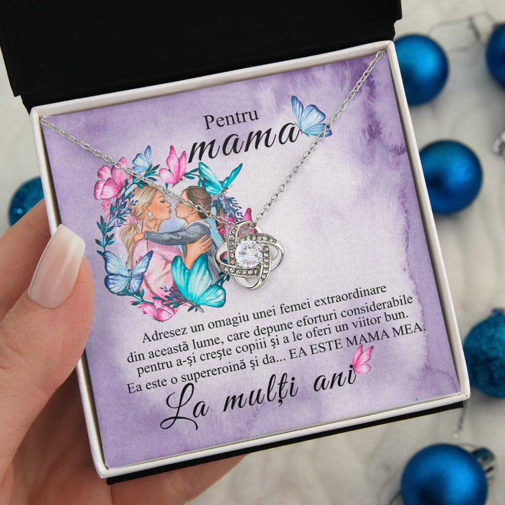 Cadou Pentru Mama - Colier Nodul Iubirii, Placat Cu Aur Alb 14K, Si Card Cu Mesaj Pentru Mama "Pentru Mama. Un Omagiu"