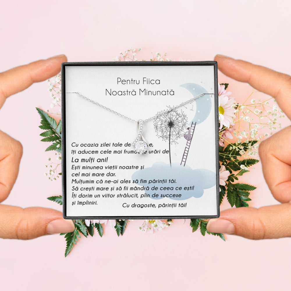 Cadou Pentru Fiica: Colier Tempting Beauty, Placat Aur Alb 14K, Si Card Cu Mesaj 'Pentru Fiica Noastra Minunata'