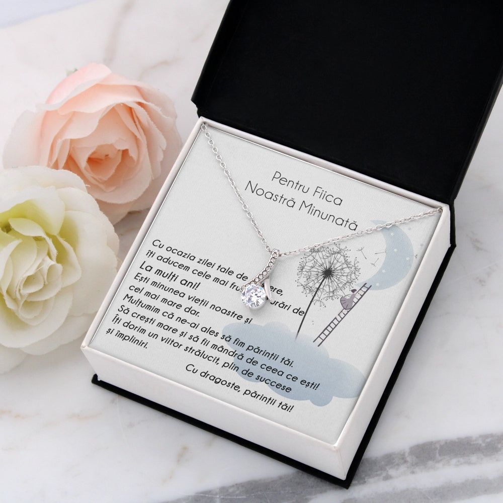 Cadou Pentru Fiica: Colier Tempting Beauty, Placat Aur Alb 14K, Si Card Cu Mesaj 'Pentru Fiica Noastra Minunata'