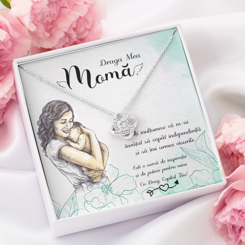 Cadou Pentru Mama: Colier Nodul Iubirii, Placat Aur Alb 14K, Si Card Cu Mesaj 'Draga mea mama, Iti multumesc ca m-ai invatat'