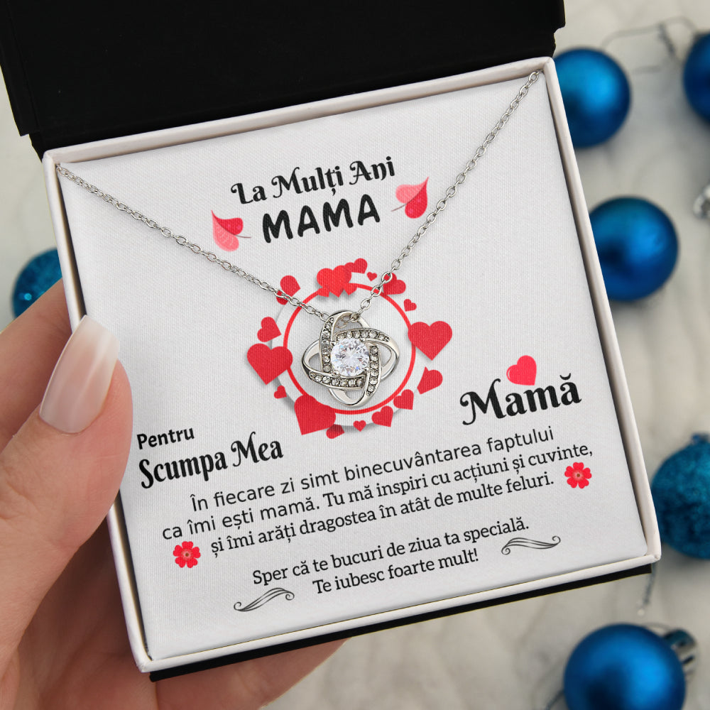 Cadou Pentru Mama - Colier Nodul Iubirii, Placat Cu Aur Alb 14K, Si Card Cu Mesaj "La multi ani. Pentru scumpa mea mama."