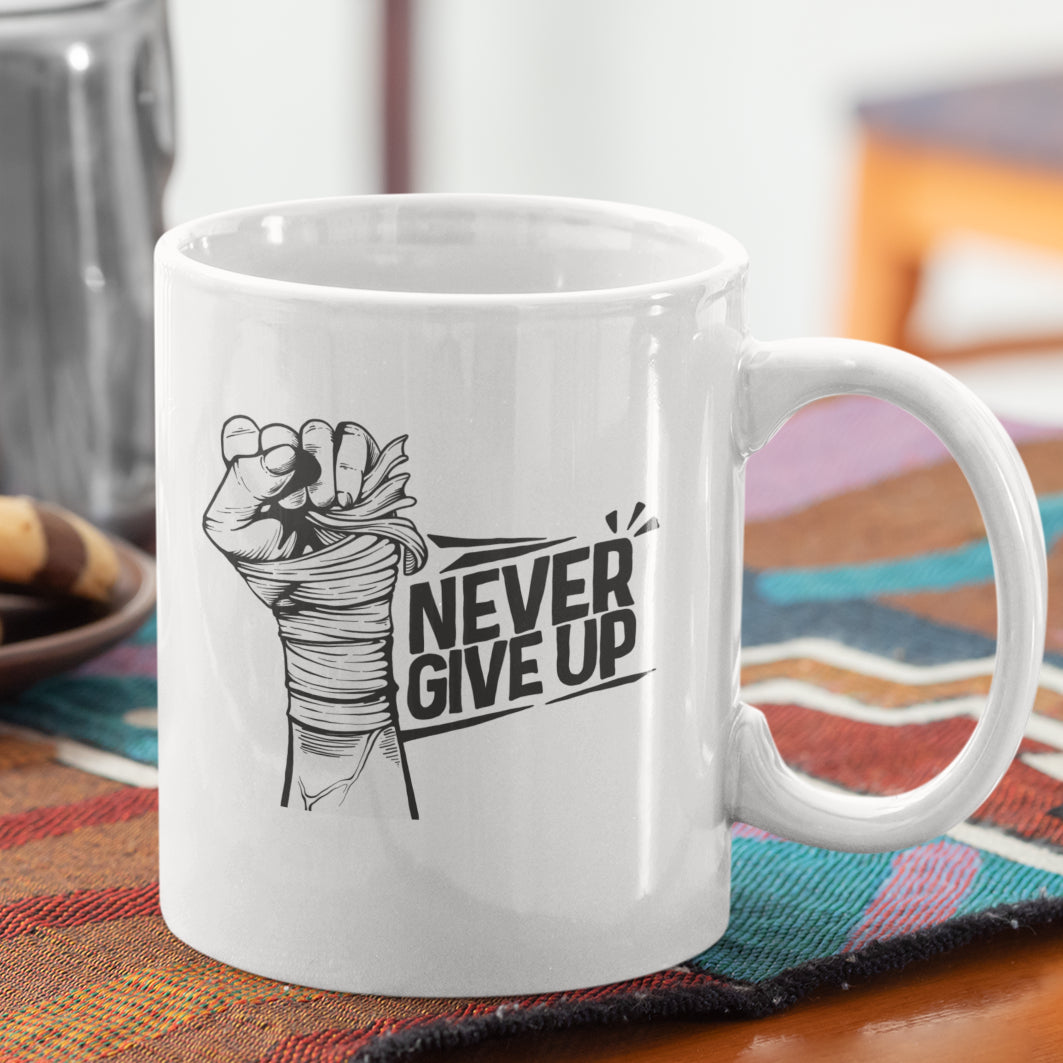 Cana Ceramica, Joystos, Alba, 330 ml, Personalizata cu Mesaj "Never Give Up"