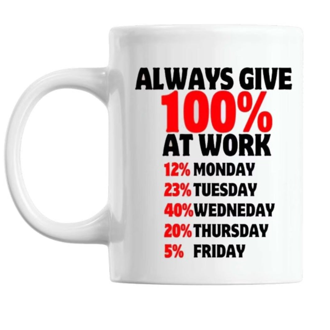 Cadou - Cana Ceramica, 330 ml, Alba, Mesaj Sarcasm "ALWAYS GIVE 100% AT WORK"