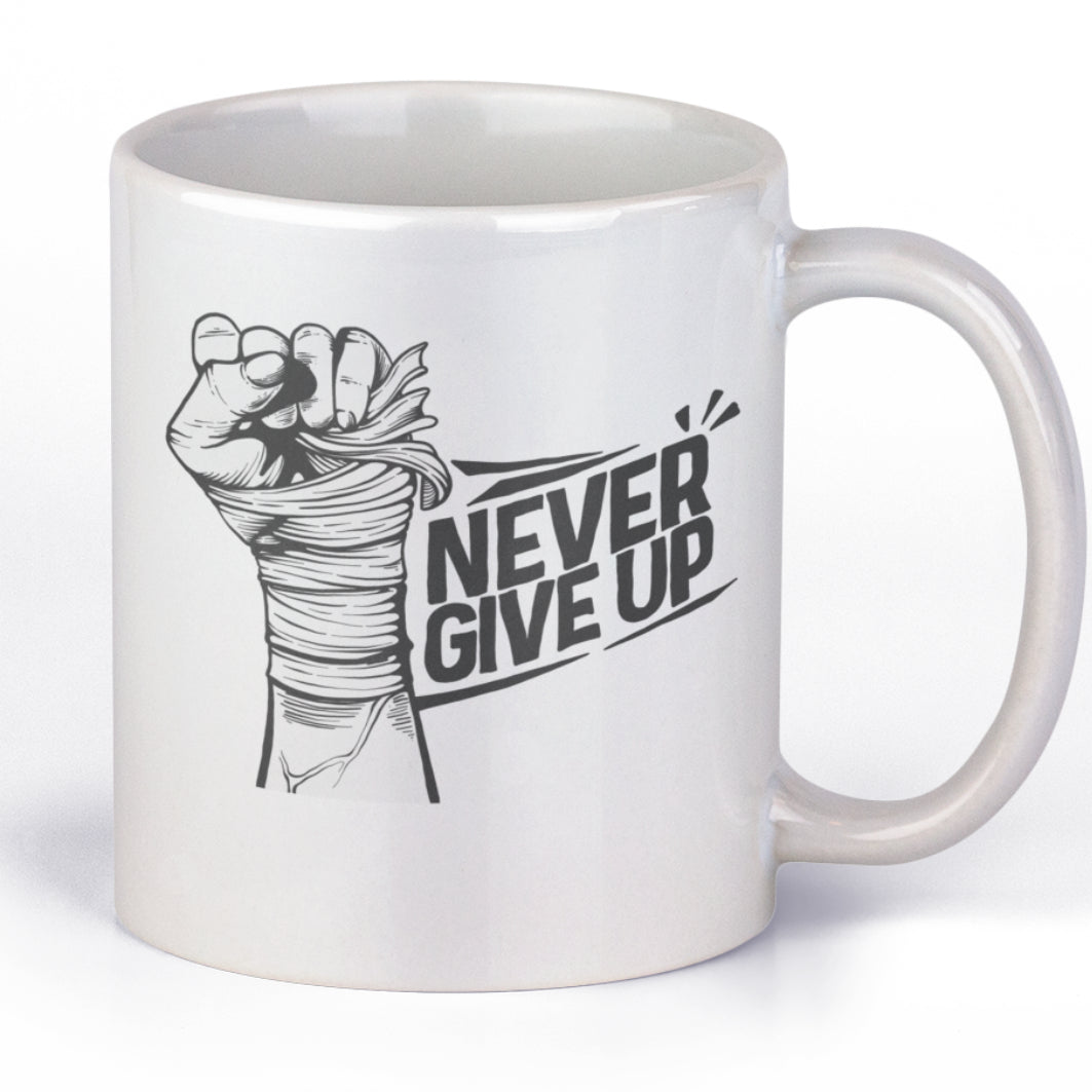 Cana Ceramica, Joystos, Alba, 330 ml, Personalizata cu Mesaj "Never Give Up"
