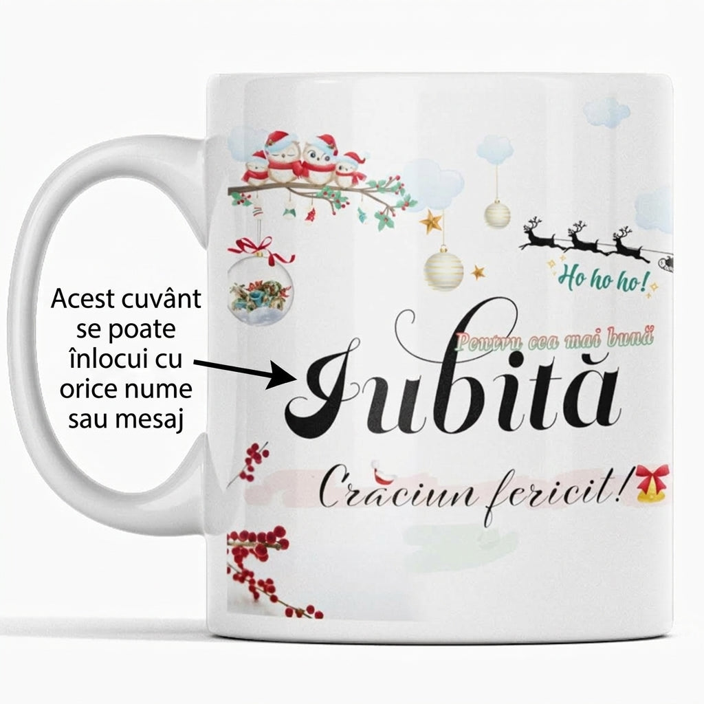 Cana JOYSTOS de Crăciun, ceramica albă, 330ml, mesaj „Pentru cea mai bună iubita, mama, tata etc - Crăciun fericit!”