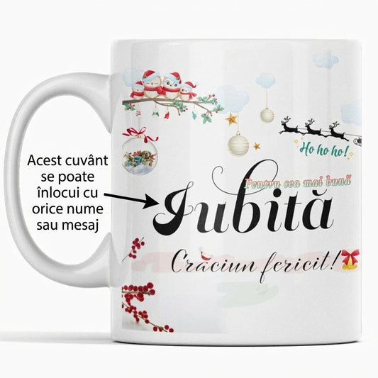 Cana JOYSTOS de Crăciun, ceramica albă, 330ml, mesaj „Pentru cea mai bună iubita, mama, tata etc - Crăciun fericit!”