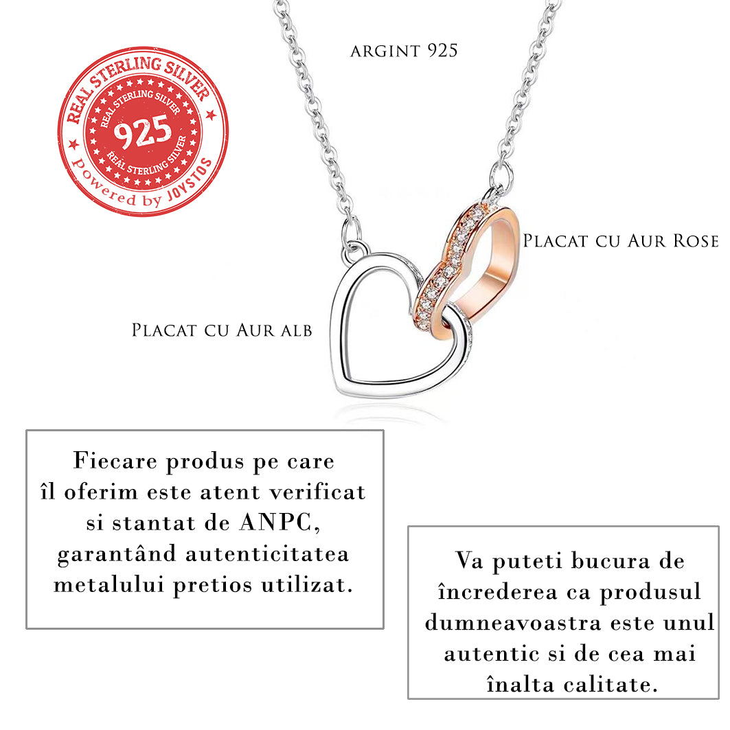 Cadou pentru iubita: Colier inimi interconectate, placat aur alb 14K, si card cu mesaj 'Eu si tu. Doua inimi mereu împreuna.'