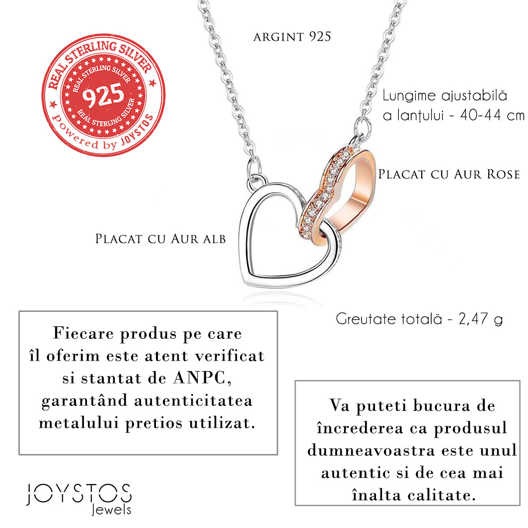 Cadou Pentru Mama - Colier Inimi Interconectate, Placat Cu Aur Alb 14K, Si Card Cu Mesaj Pentru Mama "Pentru Mama. Un Omagiu"