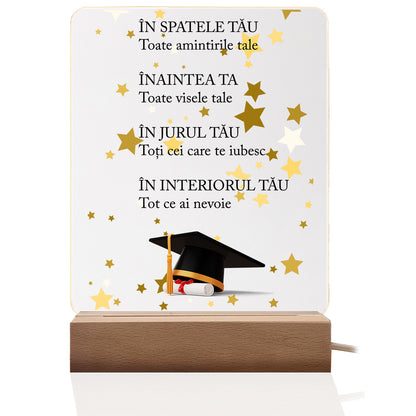 Lampa Cadou Absolvire Fata, Lumina Calda, USB, Cadou de la Mama pentru Fiica, de la Tata, Bunici, Matusa, Sora, Nasa sau Prietena pentru fiica, nepoata, fina sau colega – acril 20x15 cm cu suport lemn