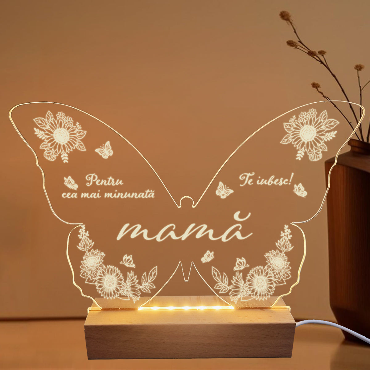 Set Cadou Pentru Mama, Joystos, Lampa din Acril Decorativa, Cadou Special pentru Mama, cu mesaj Gravat si Lumina Calda