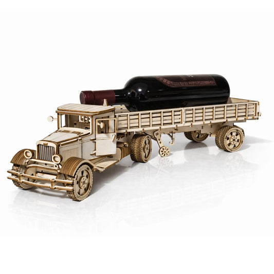 Suport Sticla de Vin Puzzle 3D Camion din Lemn, JOYSTOS, – Cadou Original de Asamblat, Instructiuni Incluse, Lipici Inclus