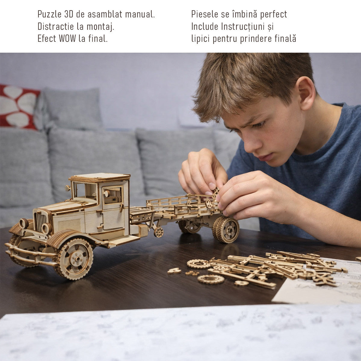 Suport Sticla de Vin Puzzle 3D Camion din Lemn, JOYSTOS, – Cadou Original de Asamblat, Instructiuni Incluse, Lipici Inclus