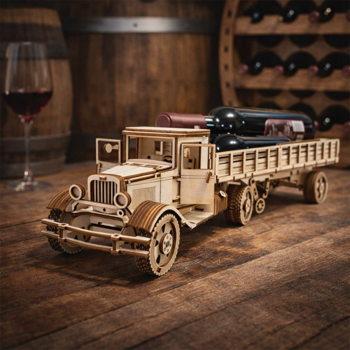 Suport Sticla de Vin Puzzle 3D Camion din Lemn, JOYSTOS, – Cadou Original de Asamblat, Instructiuni Incluse, Lipici Inclus