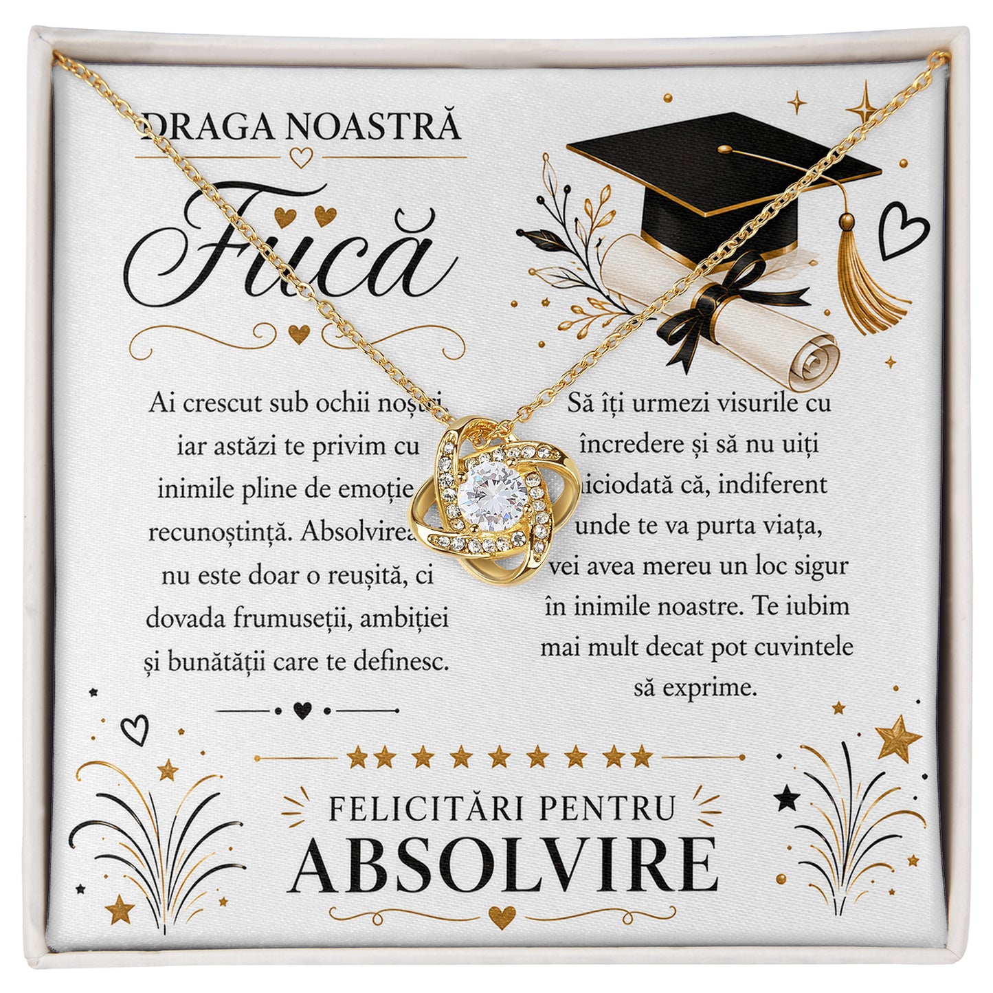 Colier din Argint „Nodul Iubirii” Placat cu Aur 18K – Cadou Absolvire Fiică, Mesaj Emoționant Părinți