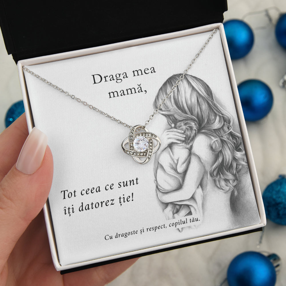 Cadou Pentru Mama - Colier Nodul Iubirii, Placat Cu Aur Alb 14K, Si Card Cu Mesaj Pentru Mama "Tot ceea ce sunt iti datorez tie!"