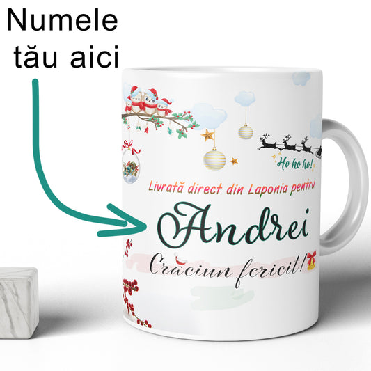 Cana Personalizata de Craciun cu Nume – Livrata Direct din Laponia | Cadou Festiv pentru Copii si Adulti