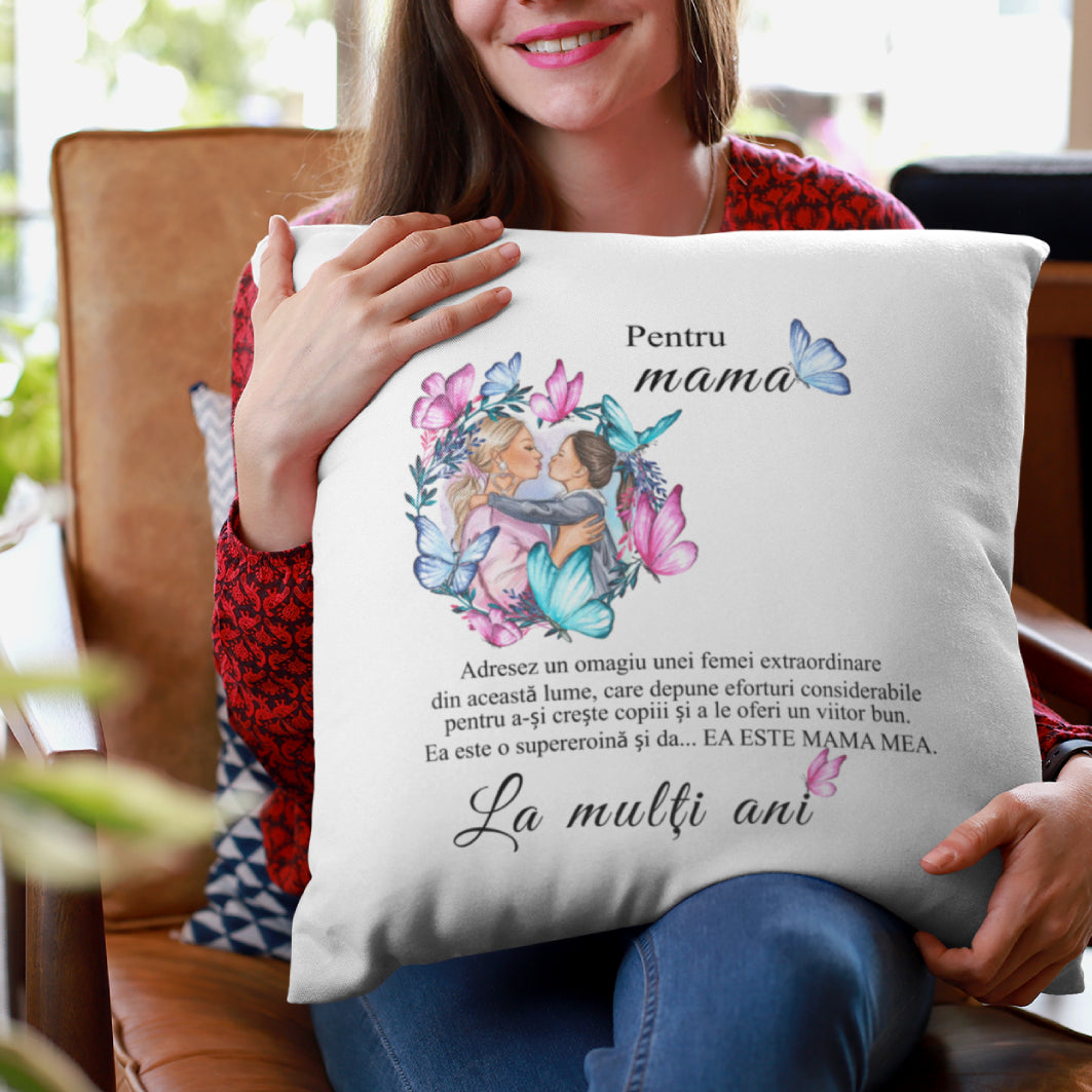 Cadou Pentru Mama: Perna Satin, Alba, 40 x 40 cm, Personalizata Cu Mesaj Pentru Mama Ta "La Multi Ani"