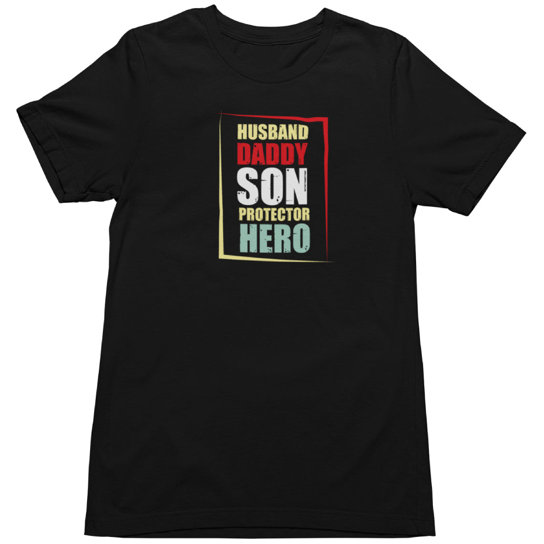 Tricou Pentru Tata Personalizat Cu Mesaj "Husband, Daddy, Protector, Hero", Negru 100% Bumbac, 165g/mp, Marime XXL