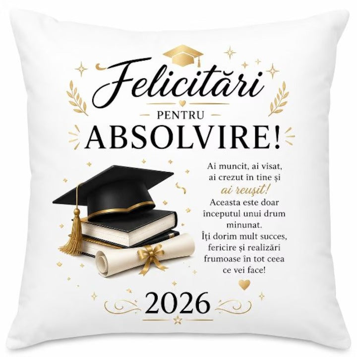 Pernă Personalizată Cadou Absolvire 2026 – Felicitări pentru Absolvire
