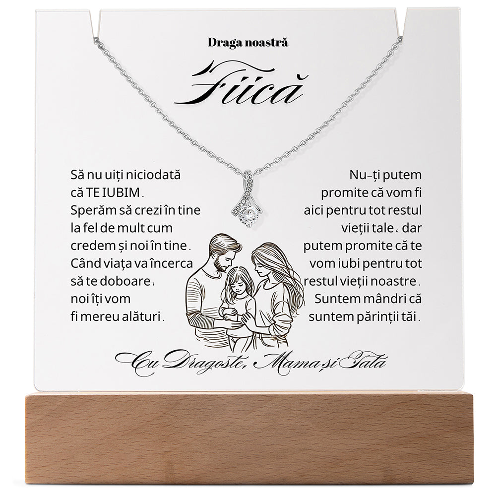 Set Cadou Pentru Fiica, Colier din Argint925 Sau Placat Cu Aur 14K si Lampa Decorativa, Acril Gravat cu text `Draga noastra Fiica`, 15x15cm, Lumina Calda