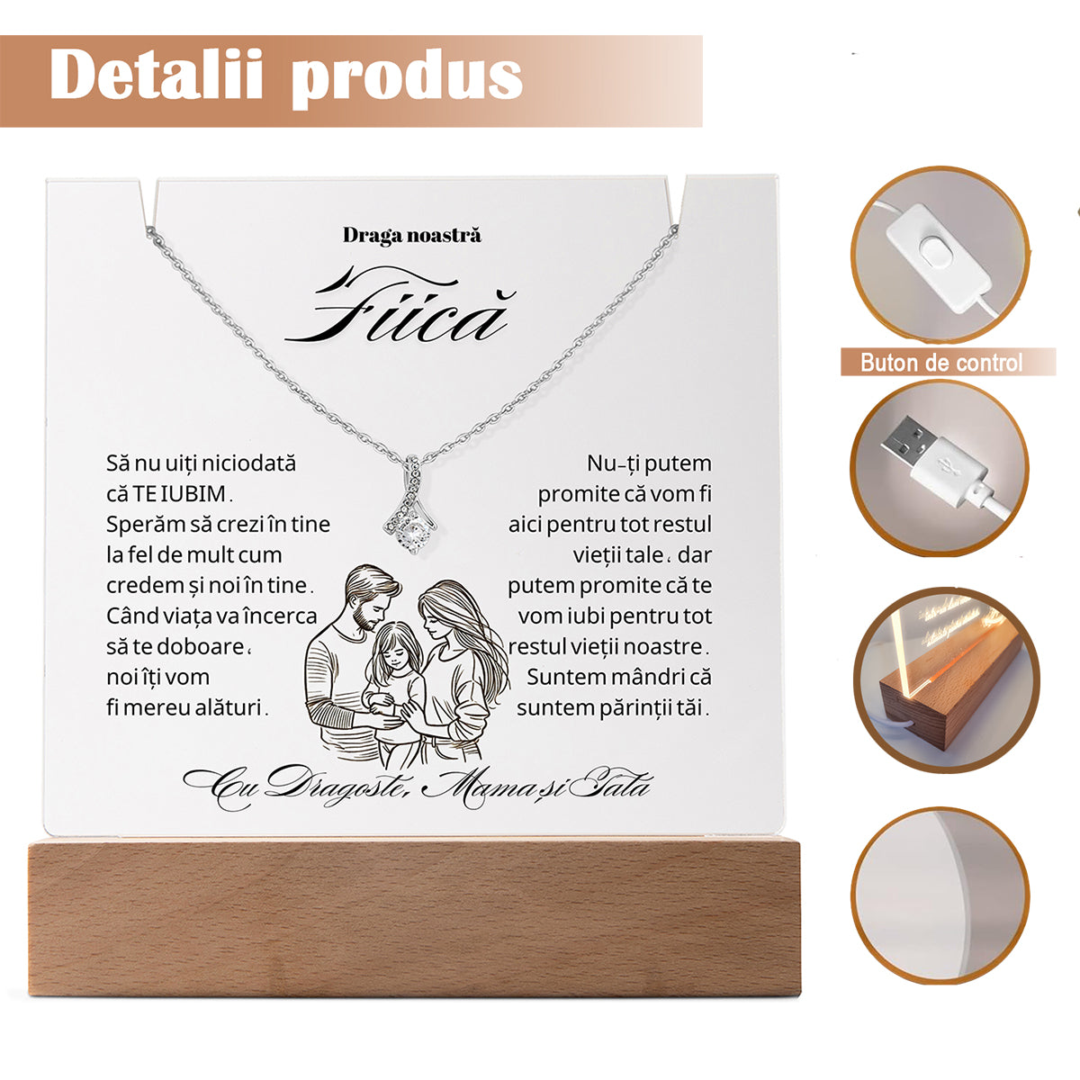 Set Cadou Pentru Fiica, Colier din Argint925 Sau Placat Cu Aur 14K si Lampa Decorativa, Acril Gravat cu text `Draga noastra Fiica`, 15x15cm, Lumina Calda
