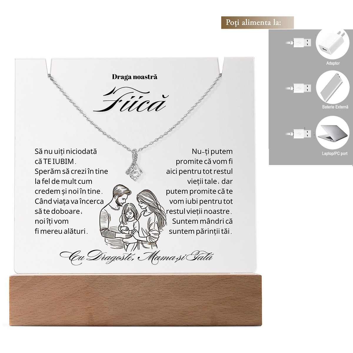 Set Cadou Pentru Fiica, Colier din Argint925 Sau Placat Cu Aur 14K si Lampa Decorativa, Acril Gravat cu text `Draga noastra Fiica`, 15x15cm, Lumina Calda